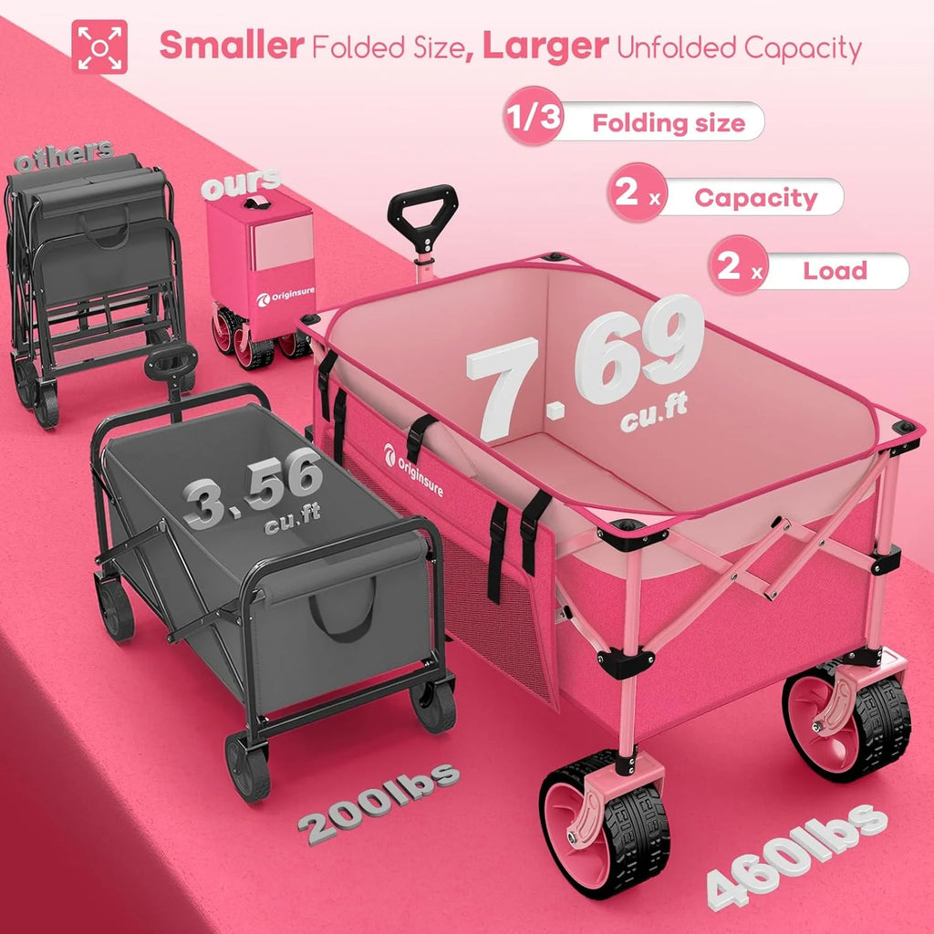 38 long foldable four-wheel stroller, foldable, 460 lb capacity, 220 liter heavy-duty folding beach stroller with large all-terrain tires