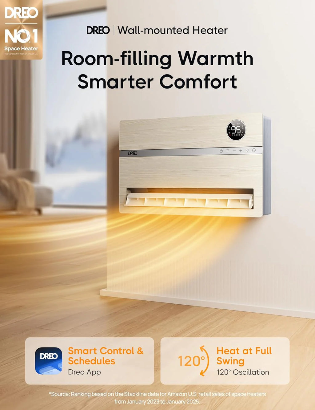 Dreo Smart Wall Heater, Electric Space Heater for Bedroom 1500W, 120�� Vertical Oscillation, Adjustable Thermostat, Remote Control, 24H Timer, Easy-Mount Heater for Indoor Use, Works with Alexa, WH719S