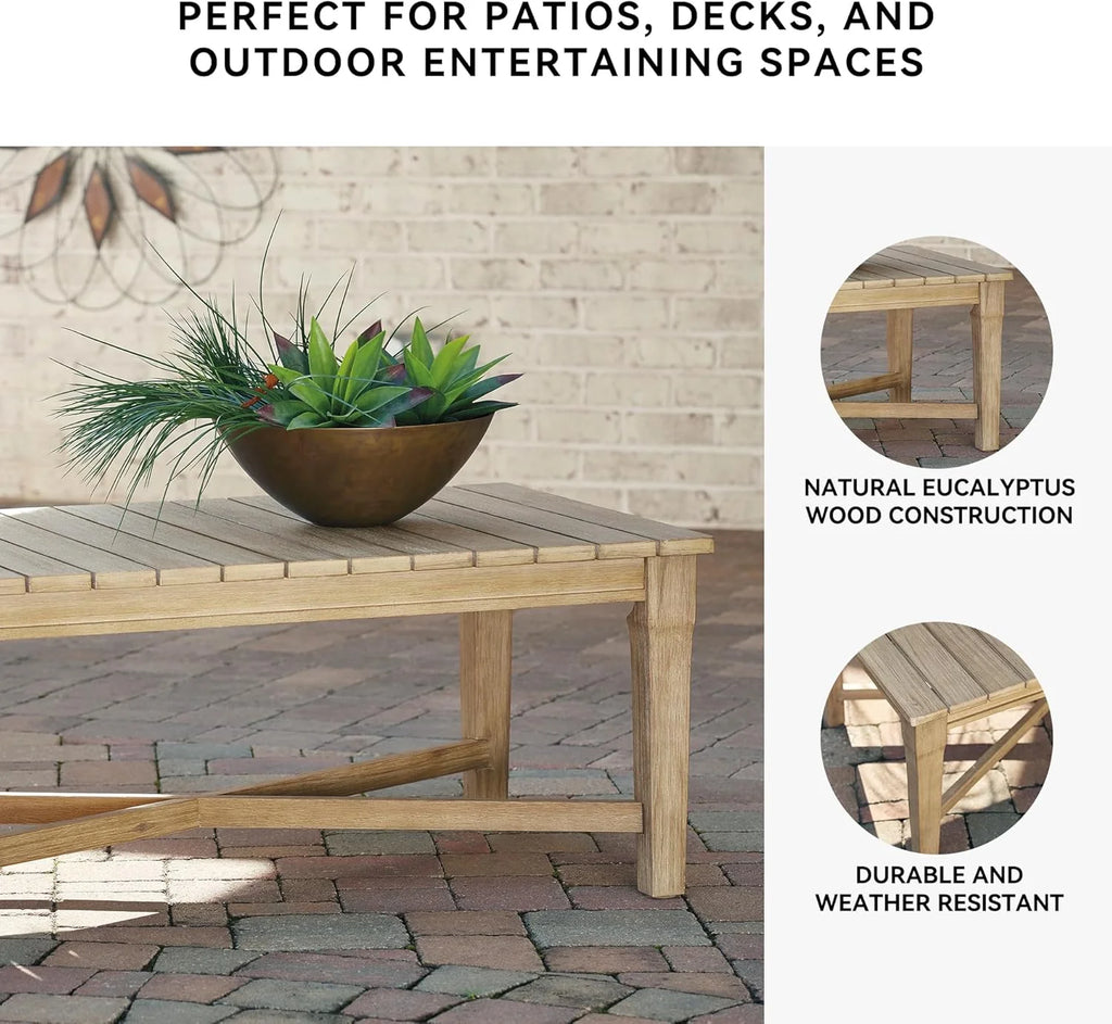 Signature Design by Ashley Clare View Coastal Outdoor Patio Eucalyptus Sofa with Cushions, Beige