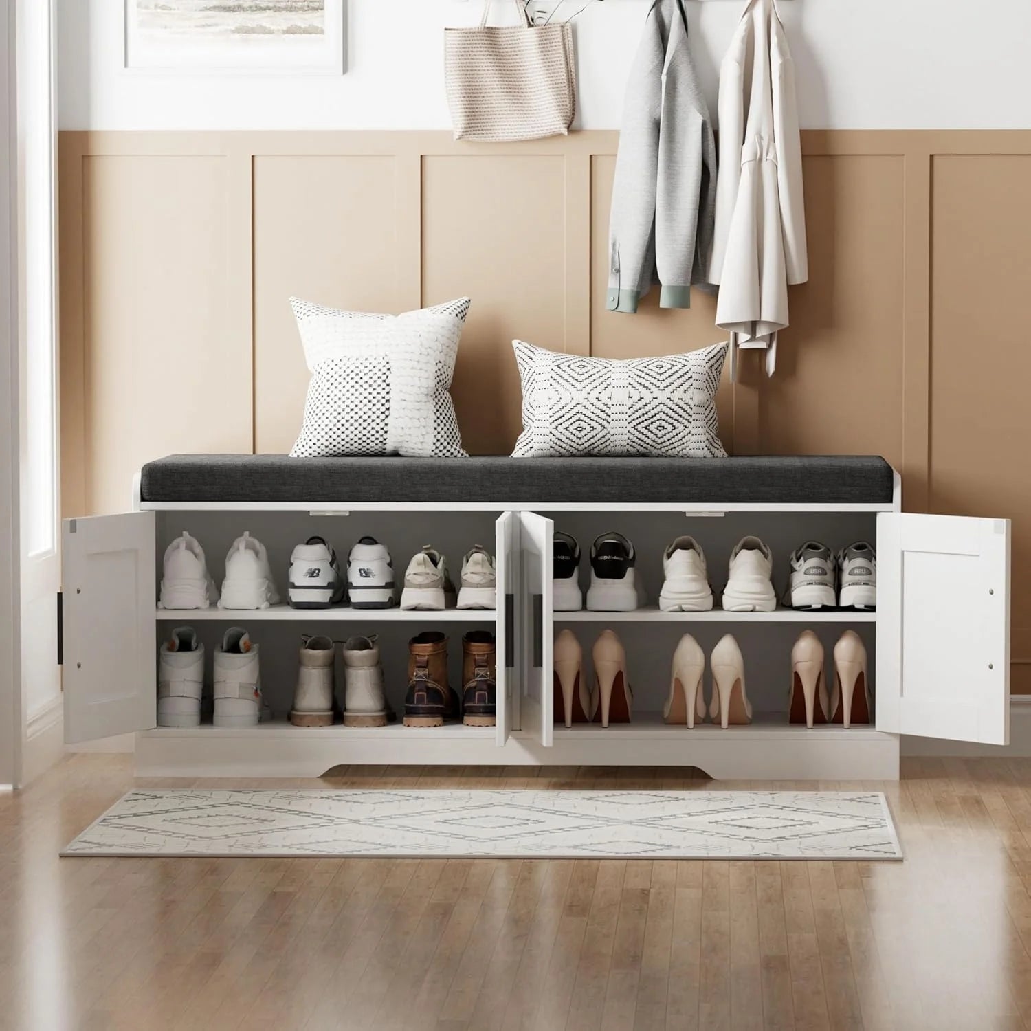 2-Tier Storage Bench, Shoe Bench with Thickened Padded Seat Cushion, Entryway Bench with 4 Doors, Adjustable Shelf, 13.8 D x 45.3 W x 18.5 H, for Entryway, Living Room, Bedroom, White