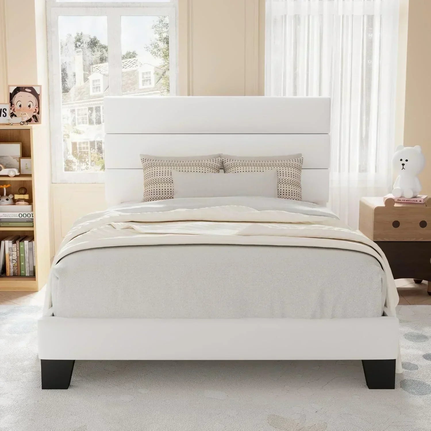 Allewie King size platform bed frame with velvet upholstered headboard and planks