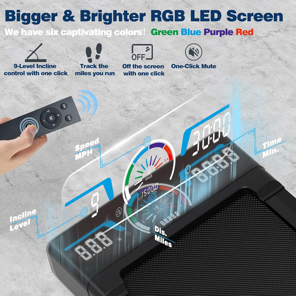 The Walking Pad treadmill features 12% 9-level automatic incline 450-pound capacity LED screen