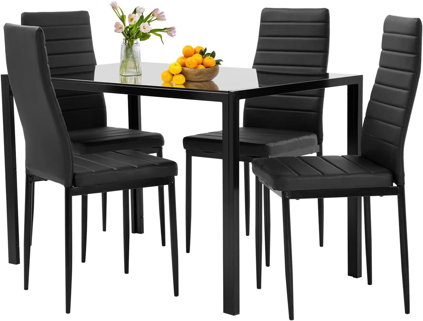 FDW Dining Table Set for 4 Glass Black Dining Table Kitchen Table with 4 Upholstered Chairs