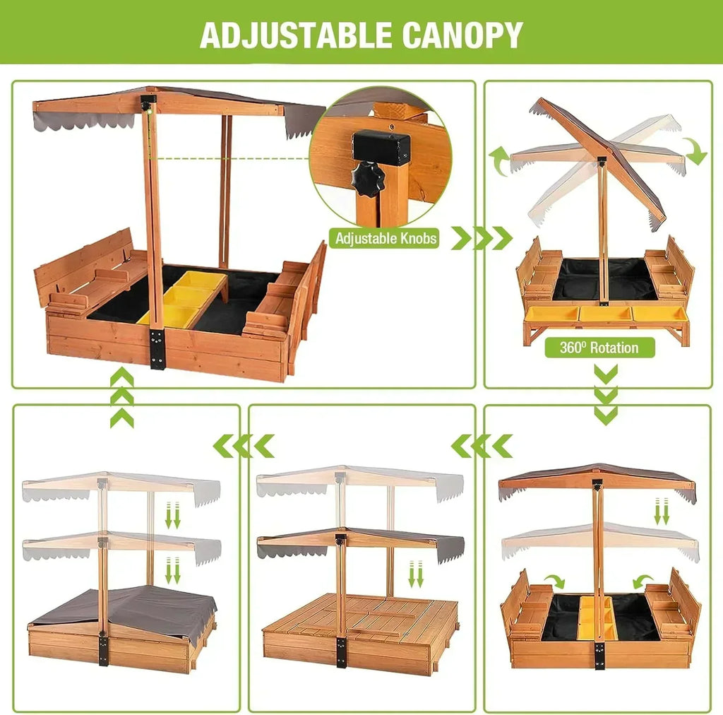 Kids Wooden Outdoor Sandbox Canopy 2 Foldable Bench Seats Retractable Roof Sand Protection Liner