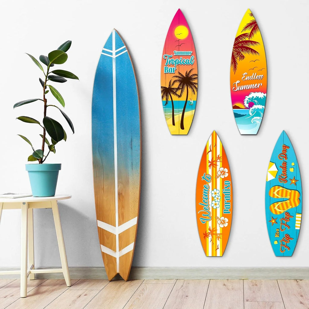 Blulu 4 Pcs Surfboard Wall Decor Surfboard Wall Hanging Sign Wooden Beach Decoration Summer Theme Decor Hawaiian Luau Party Decoration for Home Bar Aloha Tropical Birthday Party(Tiki)