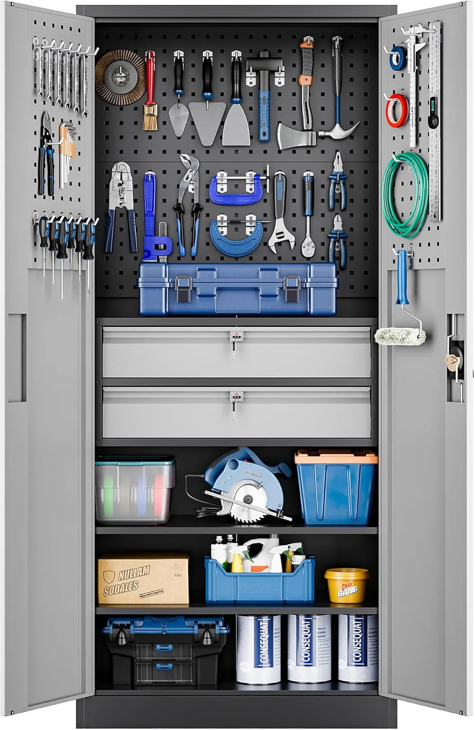 Yizosh Metal Garage Storage Cabinet with Locking Doors and 2 Drawers, Heavy Duty Steel Tool Cabinet with Pegboard, 71 - Lockable Cabinets for Garage, Warehouse, Basement (Black)