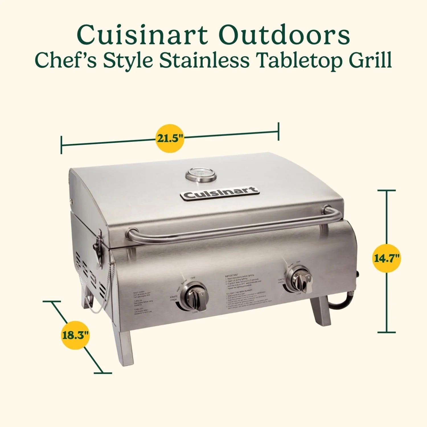 Cuisinart Chef's Style Tabletop Portable Propane Grill 20000 BTU 2-Burner Outdoor Gas Grill