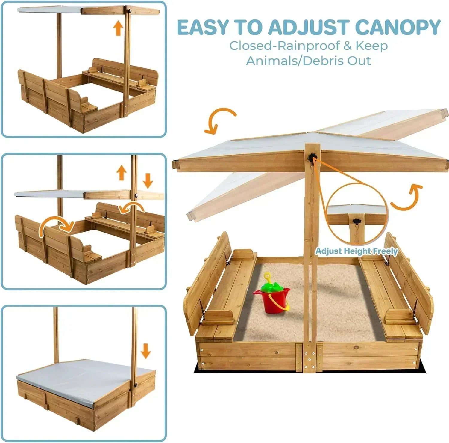 Kids Sandbox with Lid Wooden Sand Box Cover Outdoor UV-Protection Natural Wood Foldable Bench Seat