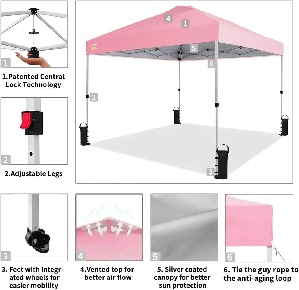 10x10 Pop-Up Awning One-Click Installation Beach Tent Outdoor Sunshade Silver Coated Top