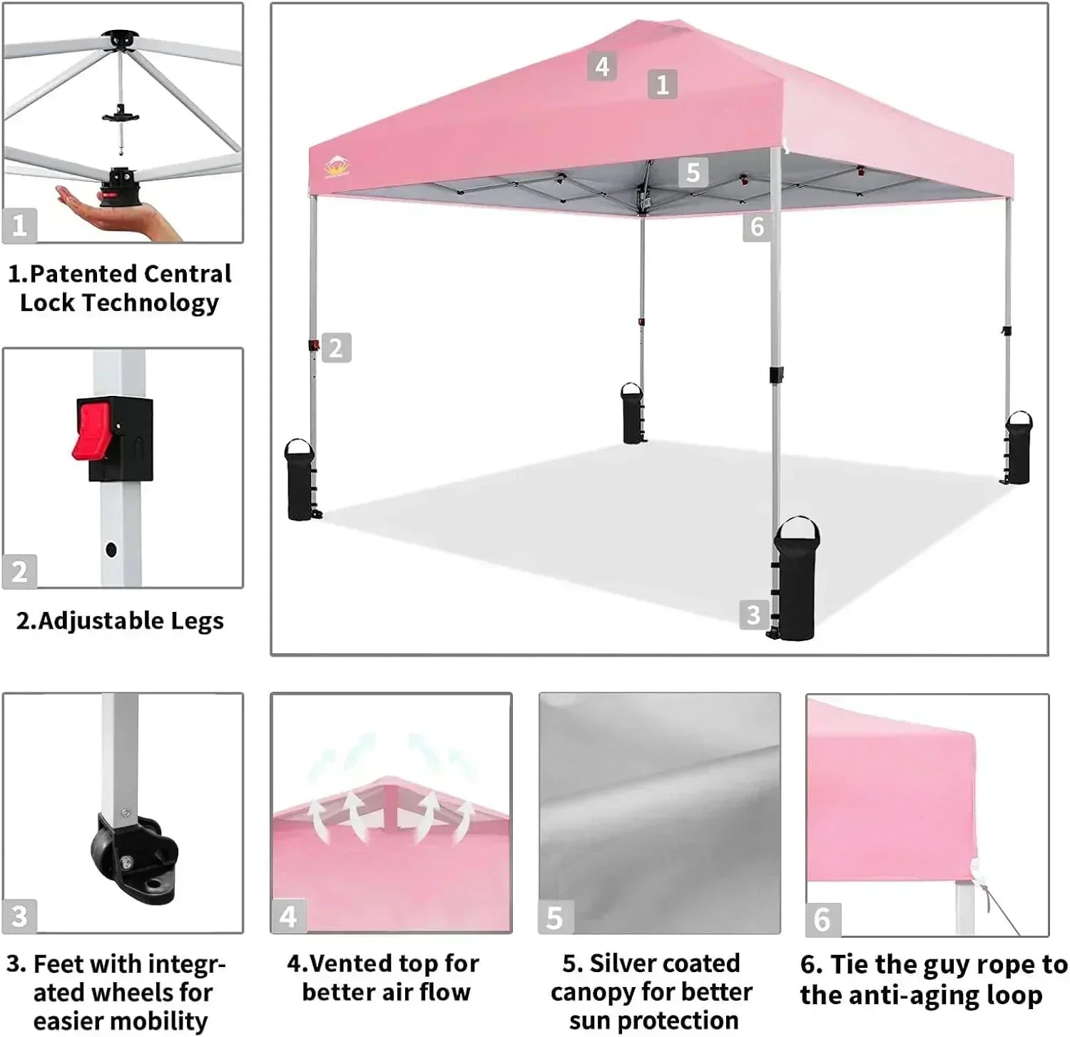 10x10 Pop-Up Awning One-Click Installation Beach Tent Outdoor Sunshade Silver Coated Top