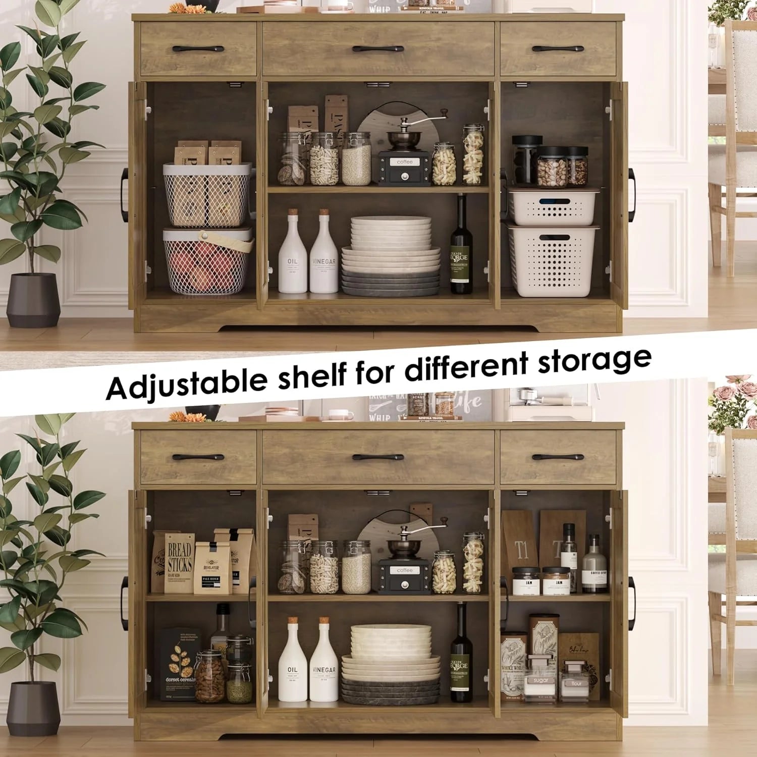 Sideboard with drawers, large 55-inch sideboard, sideboard storage with shelves and doors, modern farmhouse coffee bar wood kitchen dining table