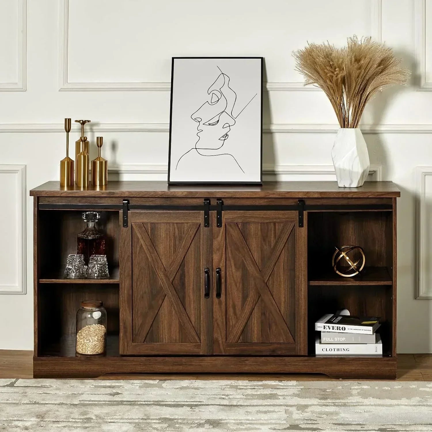 AMERLIFE Fireplace TV Stand with Sliding Barn Door  Farmhouse 63 Fireplace Entertainment Center