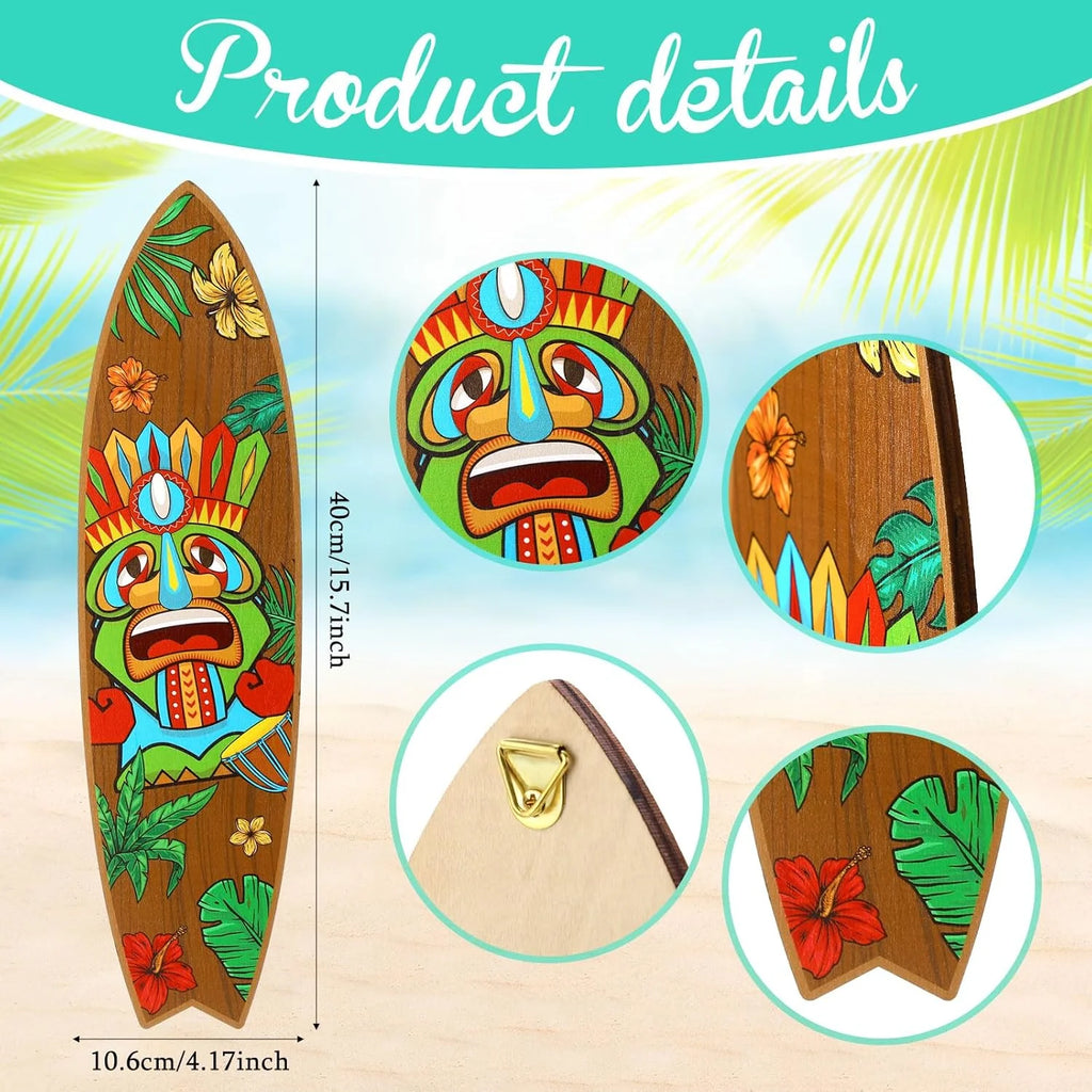 Blulu 4 Pcs Surfboard Wall Decor Surfboard Wall Hanging Sign Wooden Beach Decoration Summer Theme Decor Hawaiian Luau Party Decoration for Home Bar Aloha Tropical Birthday Party(Tiki)