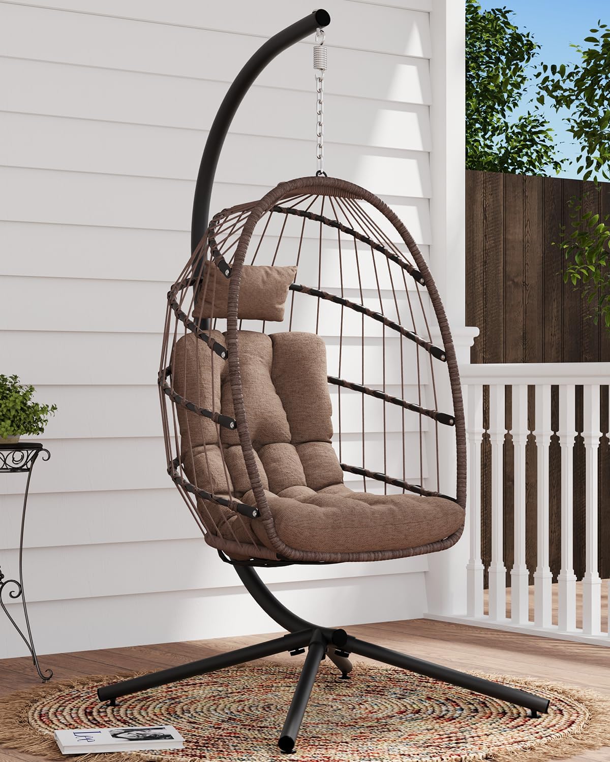 SWITTE Egg Chair Outdoor with Stand Indoor Wicker Hanging Egg Swing Chair with Cushion