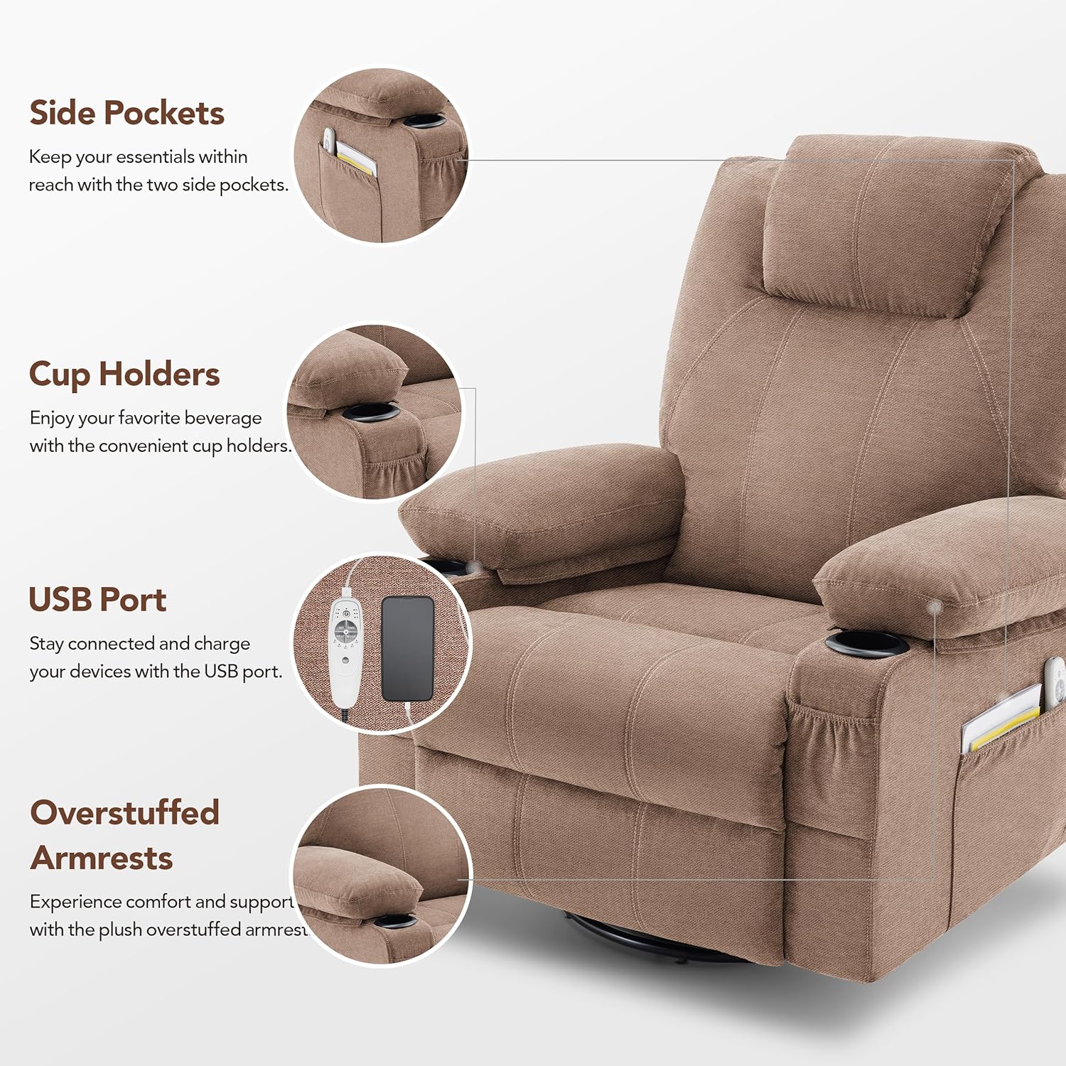 Large Swivel Rocking Recliner with Massage Function 360 Degree Swivel Rocking Single Sofa