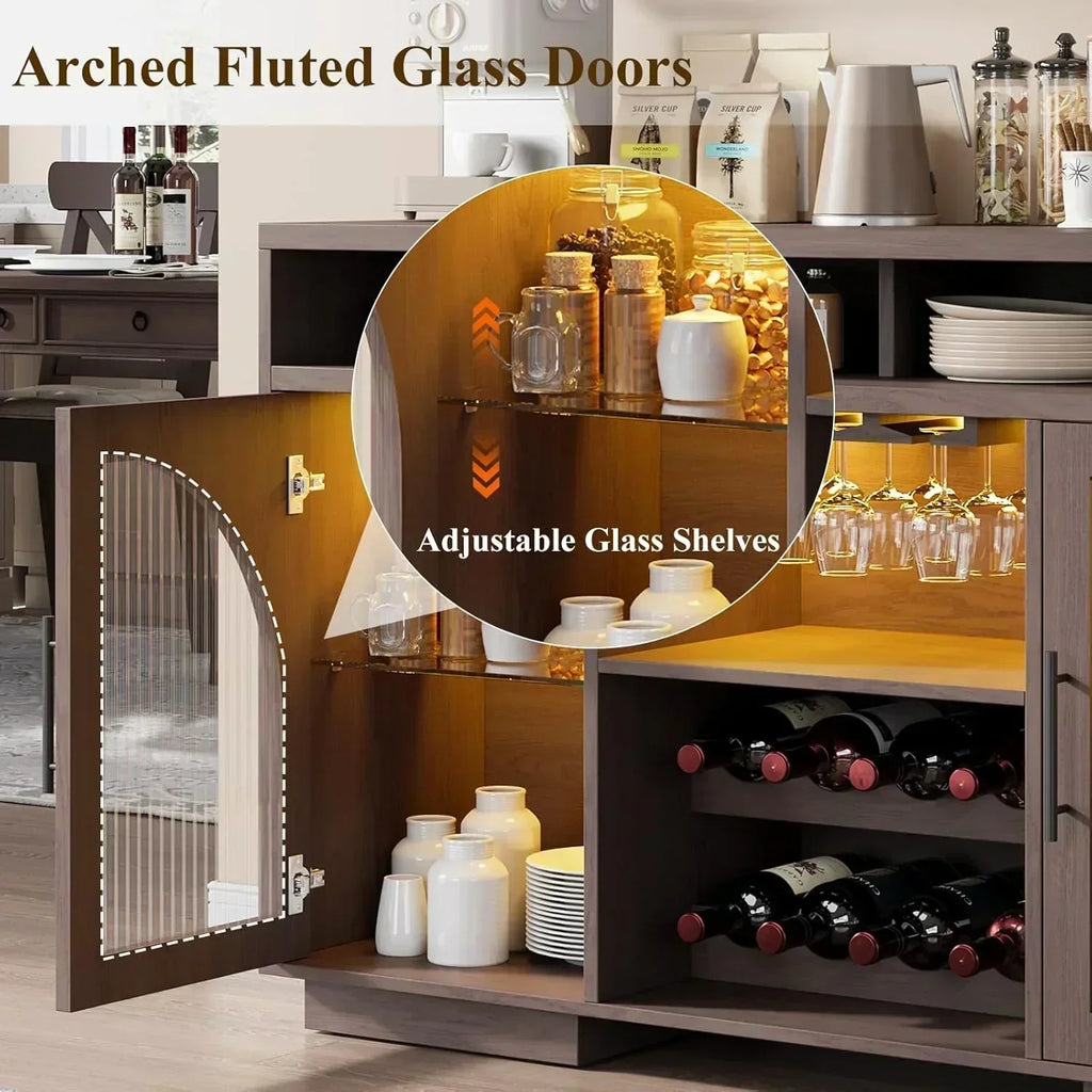 Sideboard 54-inch kitchen cabinet with LED lights and arched glass doors tall bar cabinet