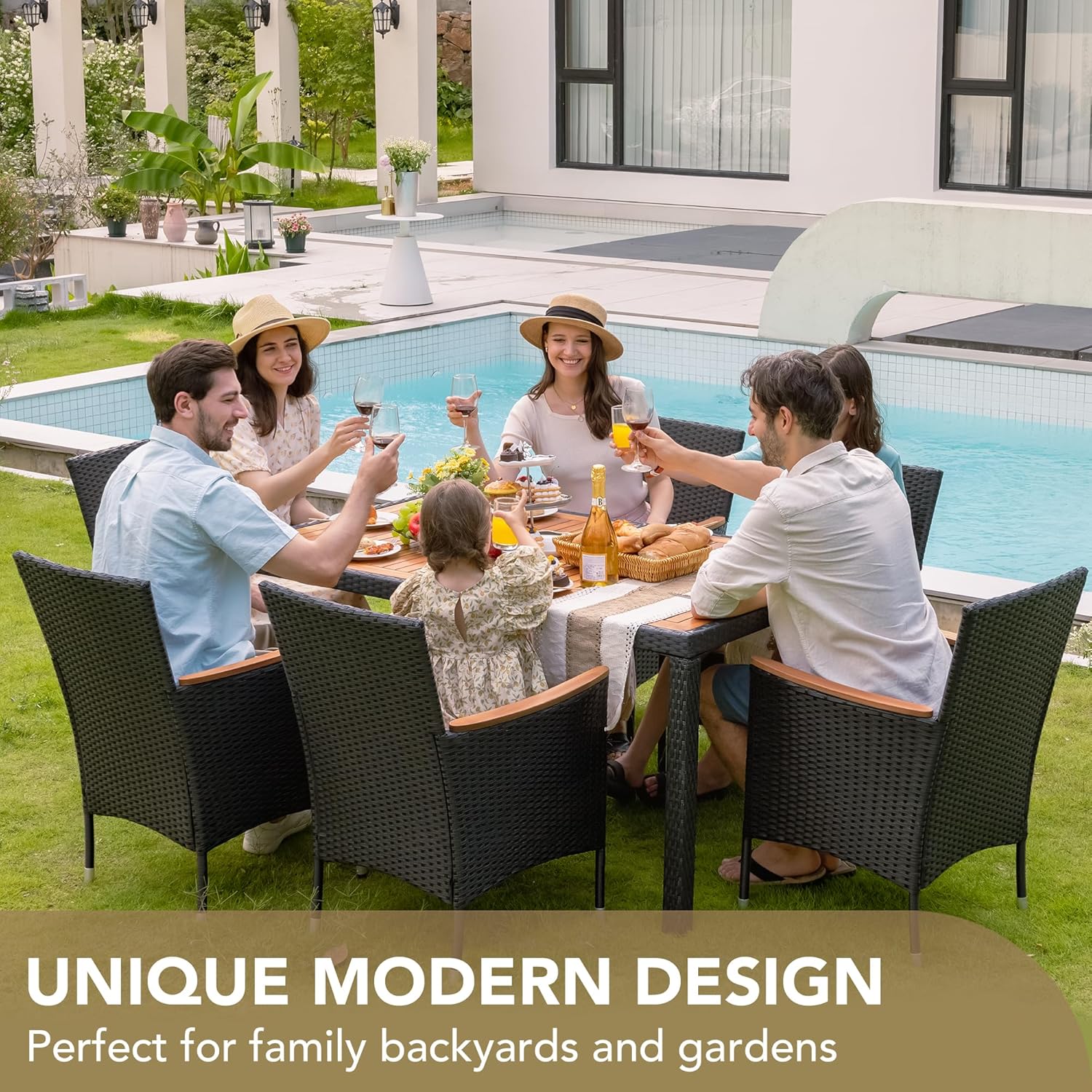 Devoko Dining 7 PCS Furniture Patio Conversation Set with Acacia Wood Table Top Rattan Outdoor