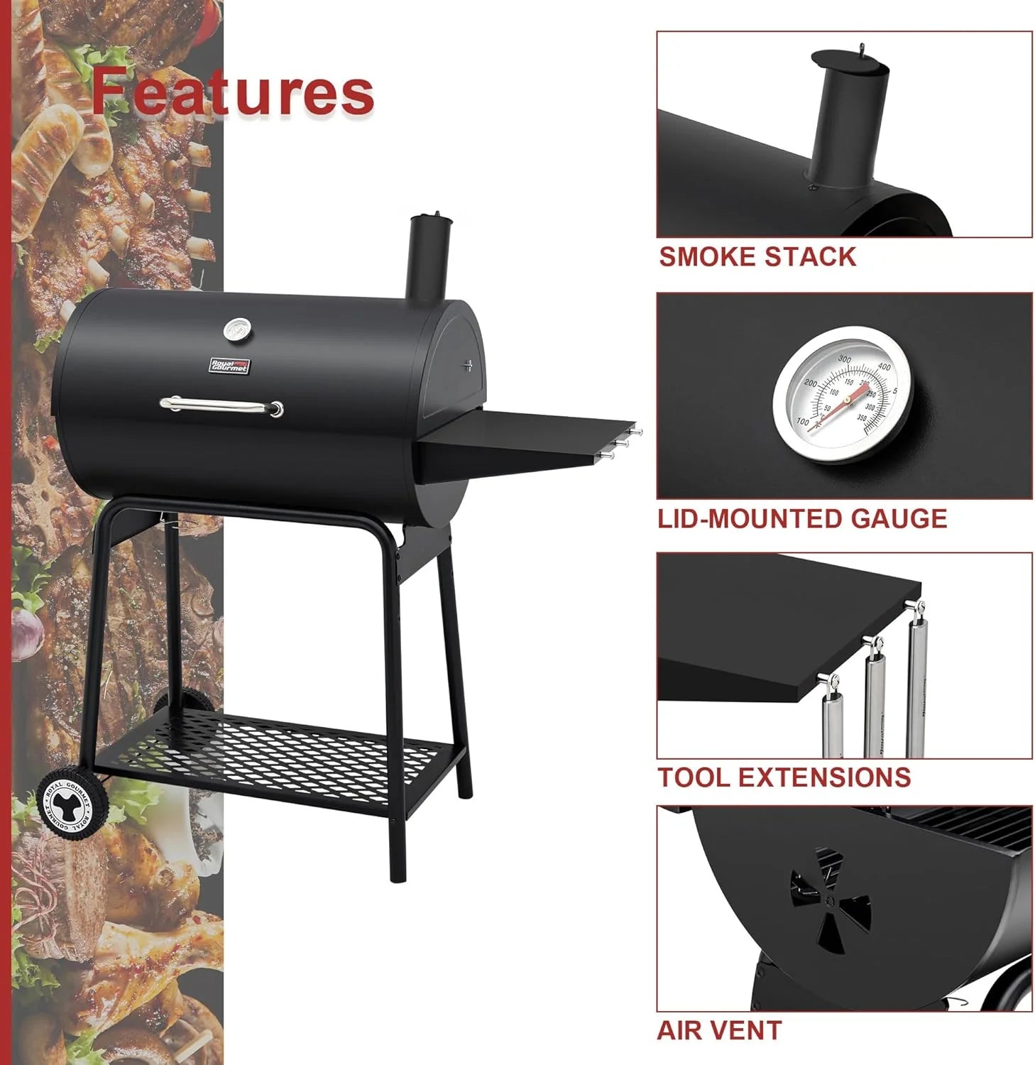 Royal Gourmet CC1830 30 Barrel Charcoal Grill with Heating Rack, Outdoor Grill, 627 Sqm