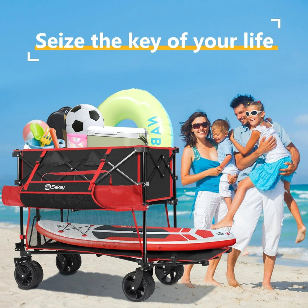 400L Large Capacity Folding Double Decker Wagon with Brakes, 50 Extra Long Extender Cart, 500lbs Heavy Duty Collapsible Wagons